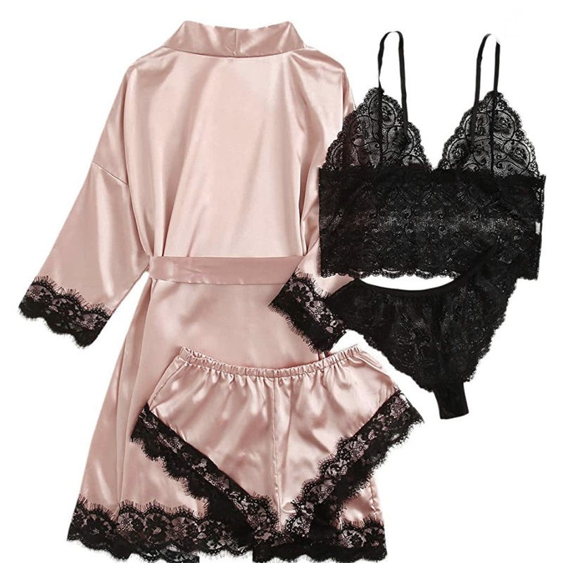 Ensemble de 4 pièces de pyjamas en satin peint en dentelle